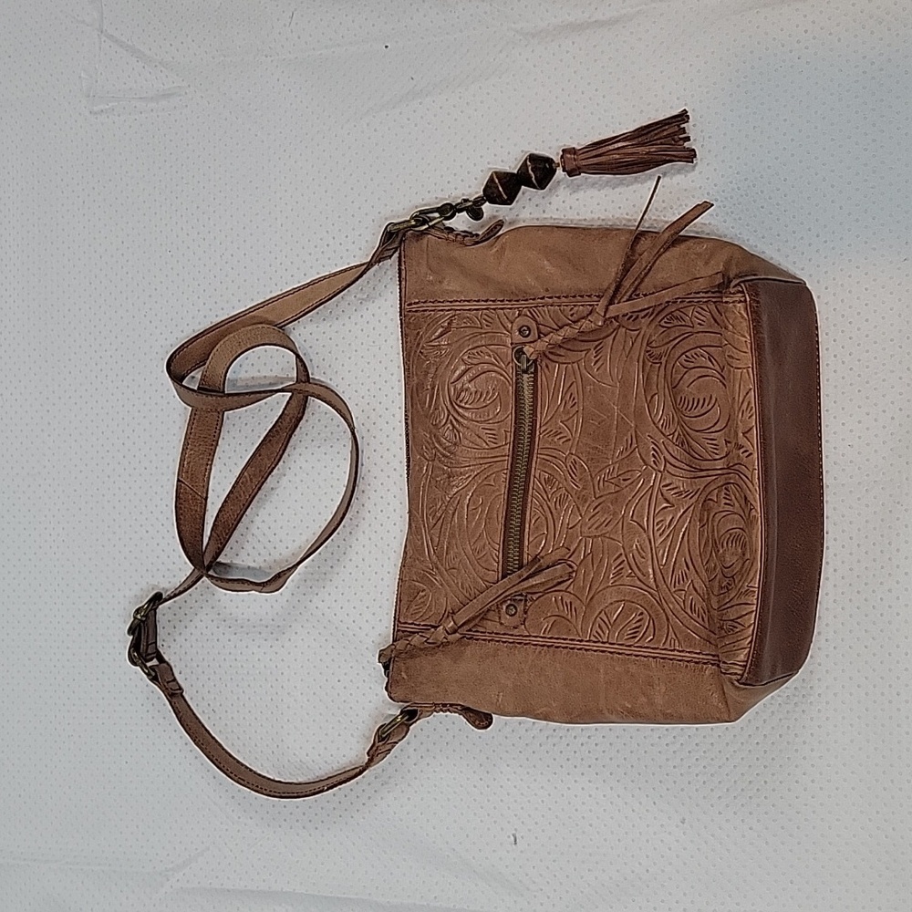 The Sak Brown Leather ASHLAND Embossed Crossbody Purse with Brass Hardware